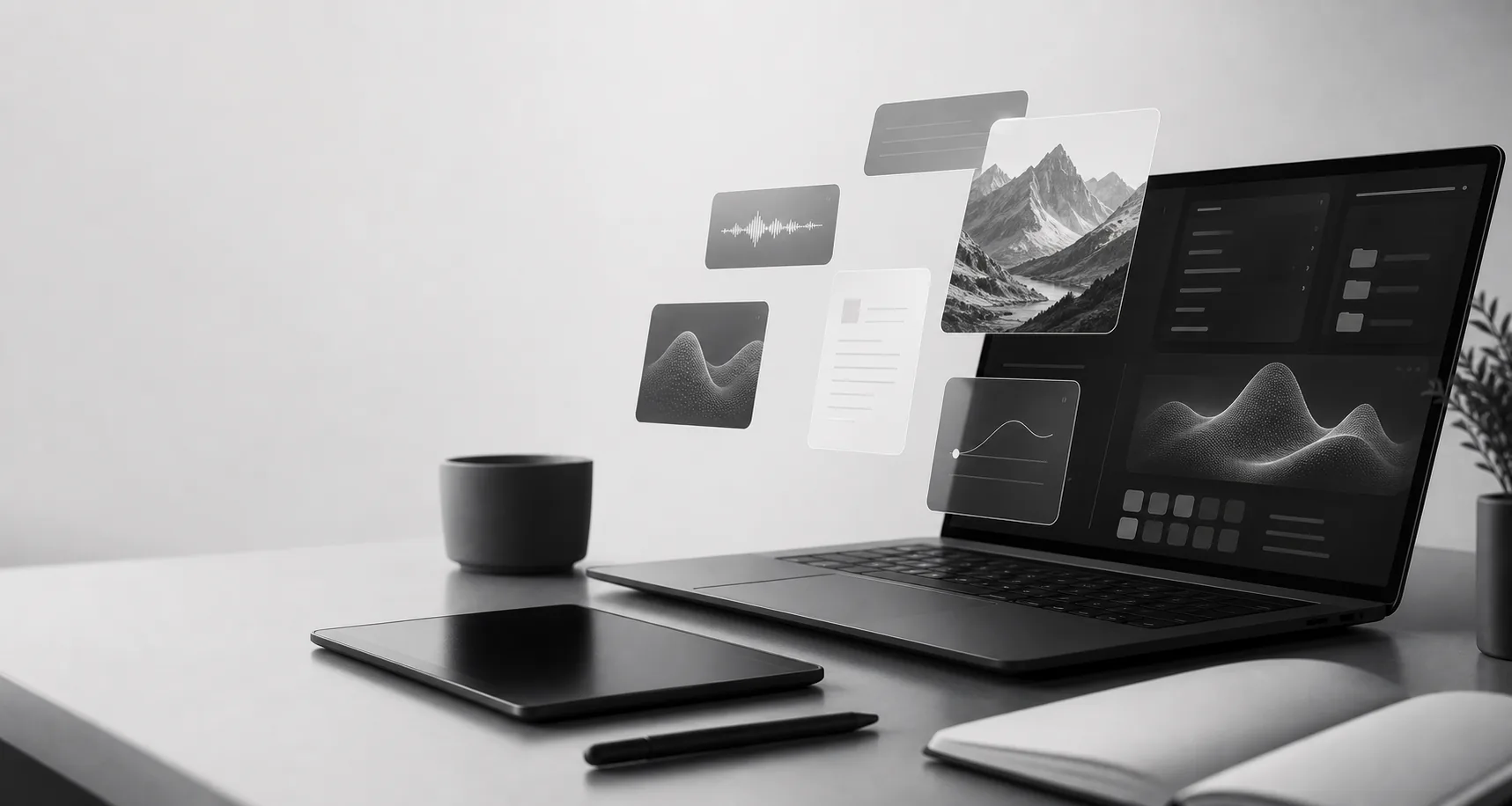 AI tools workspace with monochrome digital interface panels
